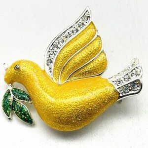 Roman Golden Dove Pin Silver Tone Rhinestone Accents Olive Branch Ark Faith